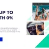Promotional graphic for 0% interest loans, showing a phone with financial app and people on vacation.