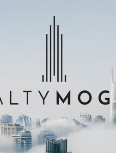 RealtyMogul logo stands proudly against a backdrop of foggy skyscrapers, inviting curious investors to explore its promising reviews.